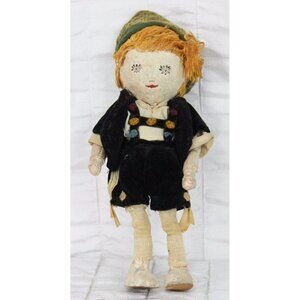 VTG German Boy Doll Paper Mache Linen Lederhosen Painted Face Hat Blond Hair